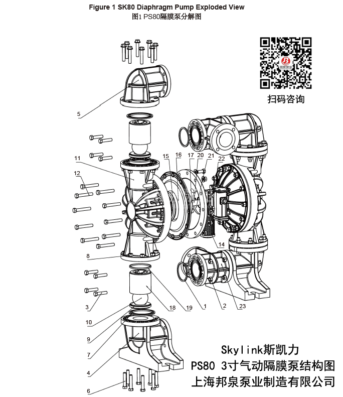 PS80氣動(dòng)隔膜泵結(jié)構(gòu)圖PS80 Diaphragm Pump Exploded View